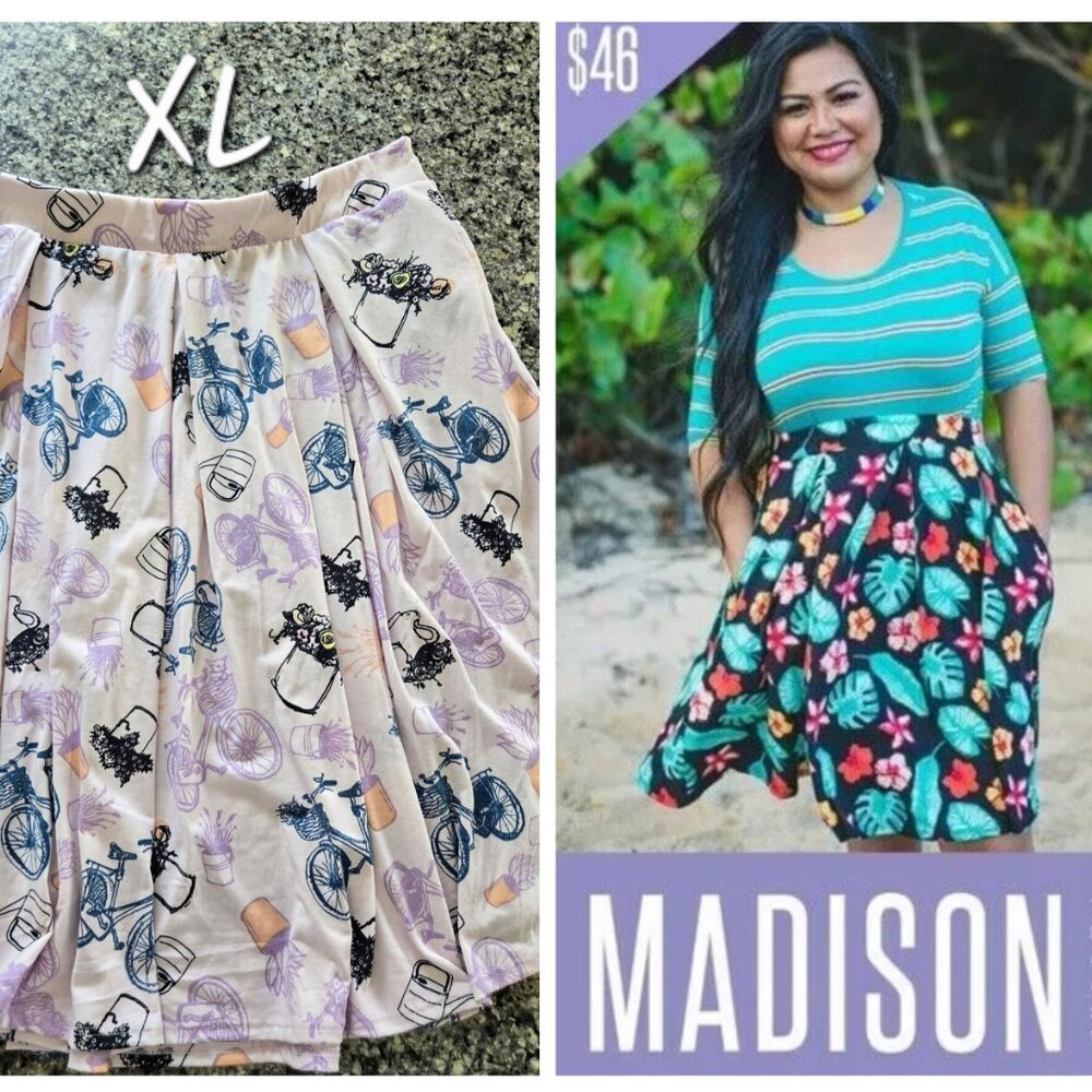 LuLaRoe Women's Skirt — Cream Base with Navy, Lavender, Peach Prints